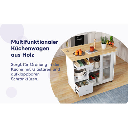 112×46(69)×91cm, klappbarer Kücheninselwagen, Eichenholzfurnier, Weinregal, Schubladen, großer Kücheninselwagen mit Schiebetüren aus gehärtetem Glas und verstellbaren Einlegeböden, mobiler Inselwagen