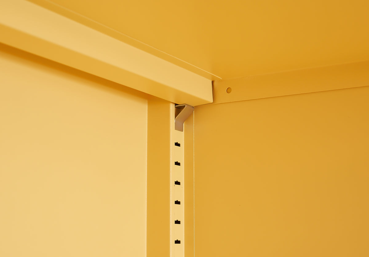 Yellow steel storage cabinet with adjustable shelves, waterproof and easy to clean, keeping your living room, bedroom or entryway tidy and organized