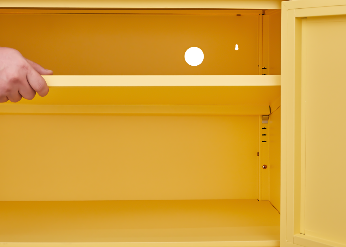 Yellow steel storage cabinet with adjustable shelves, waterproof and easy to clean, keeping your living room, bedroom or entryway tidy and organized