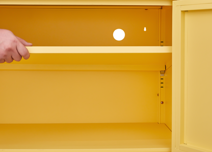 Yellow steel storage cabinet with adjustable shelves, waterproof and easy to clean, keeping your living room, bedroom or entryway tidy and organized
