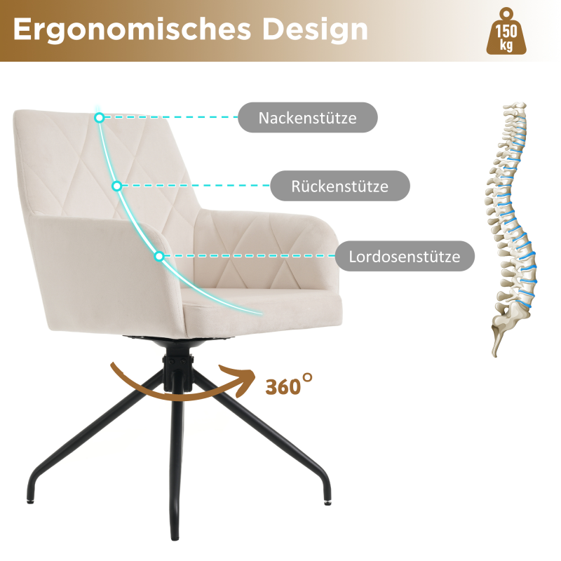2er Set 360° Drehbarer Esszimmerstühle mit Rautenmuster, Samt,Beige