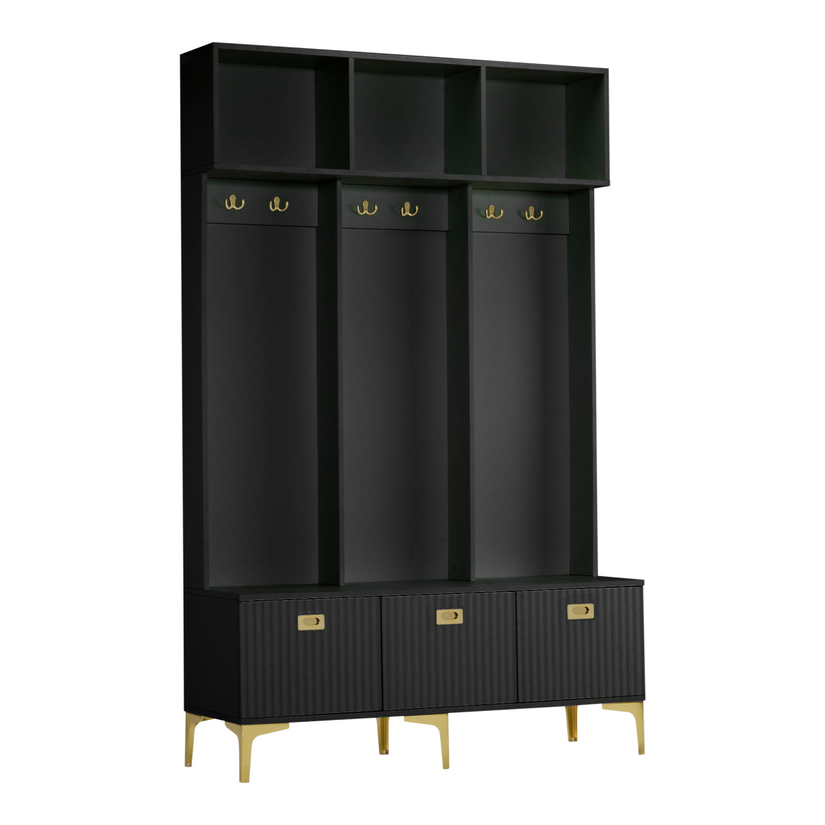 Garderoben-Set mit Sitzbank, Schuhschrank & goldenen Details, Flurbaum aus Metall & Spanplatte, Schwarz, 120x191,5x23,5 cm