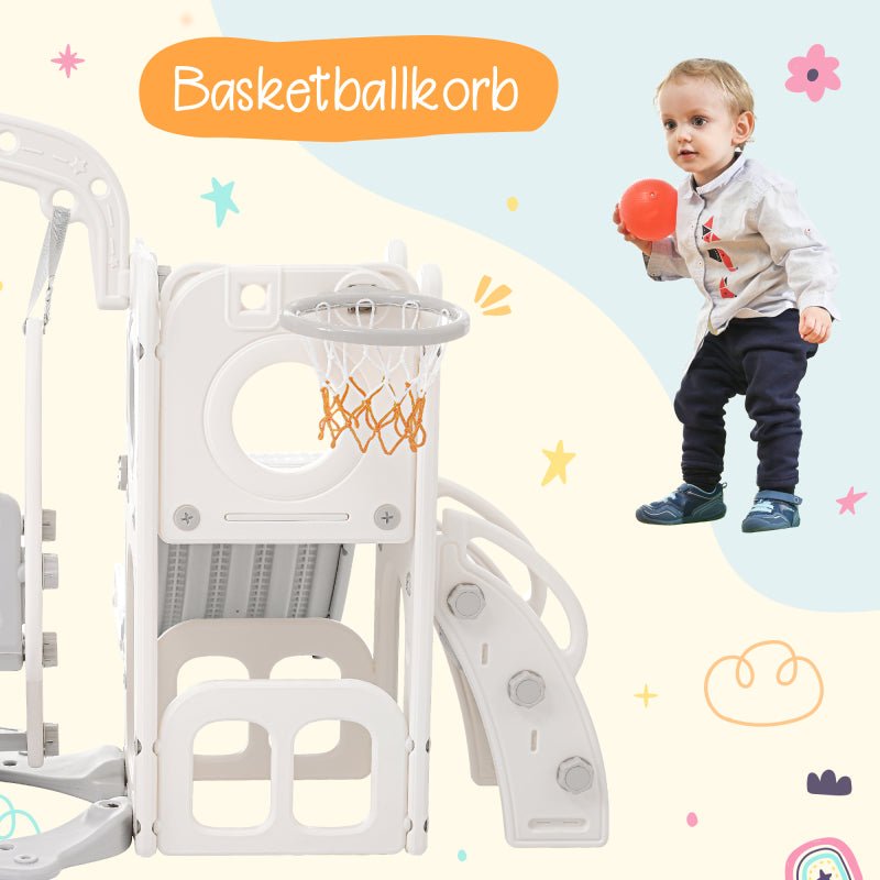 5 in 1 Kinderrutsche, bestehend aus Rutsche, Schaukel, Unterschrank, Basketballkorb und Treppe - HDPE (exkl. Ozeanball)