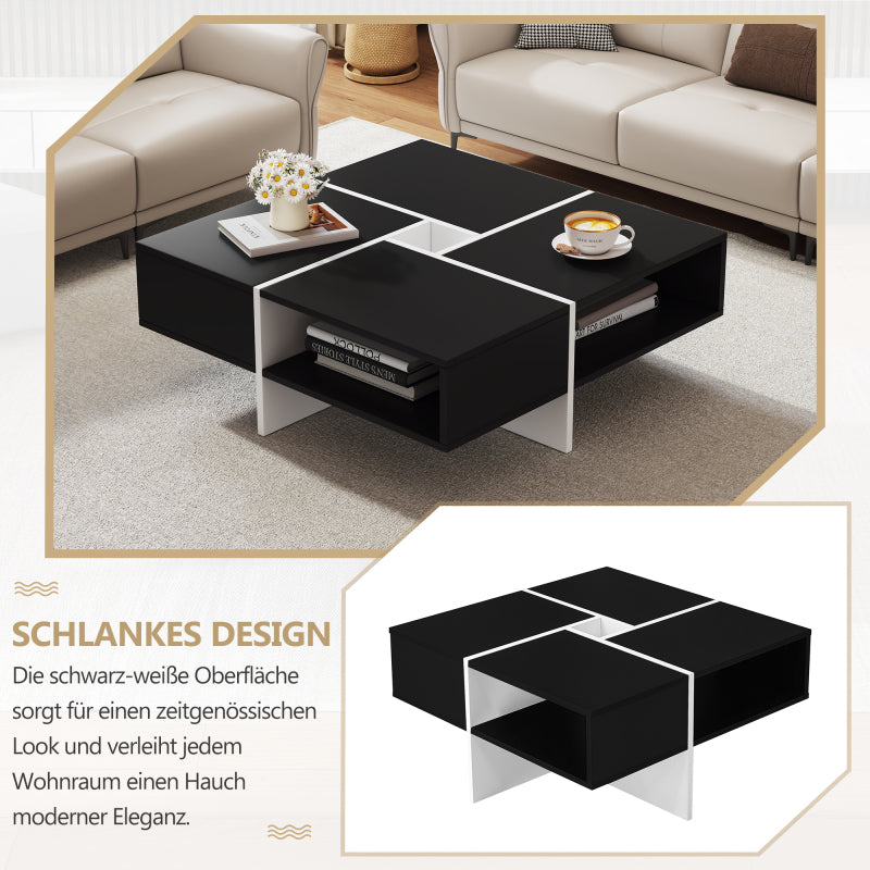 Moderner quadratischer Couchtisch 70x70x35cm - Schwarz-weißes Design, 5 offene Fächer, mittleres Ablagefach 10x10cm, Belastbarkeit 30KG, schwarzer quadratischer Couchtisch
