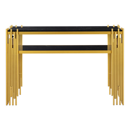 Mid-Century Modern Wohnzimmer Beistelltisch, Konsolentisch, Schwarzer Korpus mit goldenen Beinen, Doppelschicht MDF, Belastbarkeit bis 40 kg