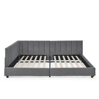 Doppelbett 140×200 cm aus Samt mit hoher Rückenlehne, stabiles Bettgestell aus Holz & Metall, ideal für Schlafzimmer & Gästezimmer, Gray (ohne Matratze)