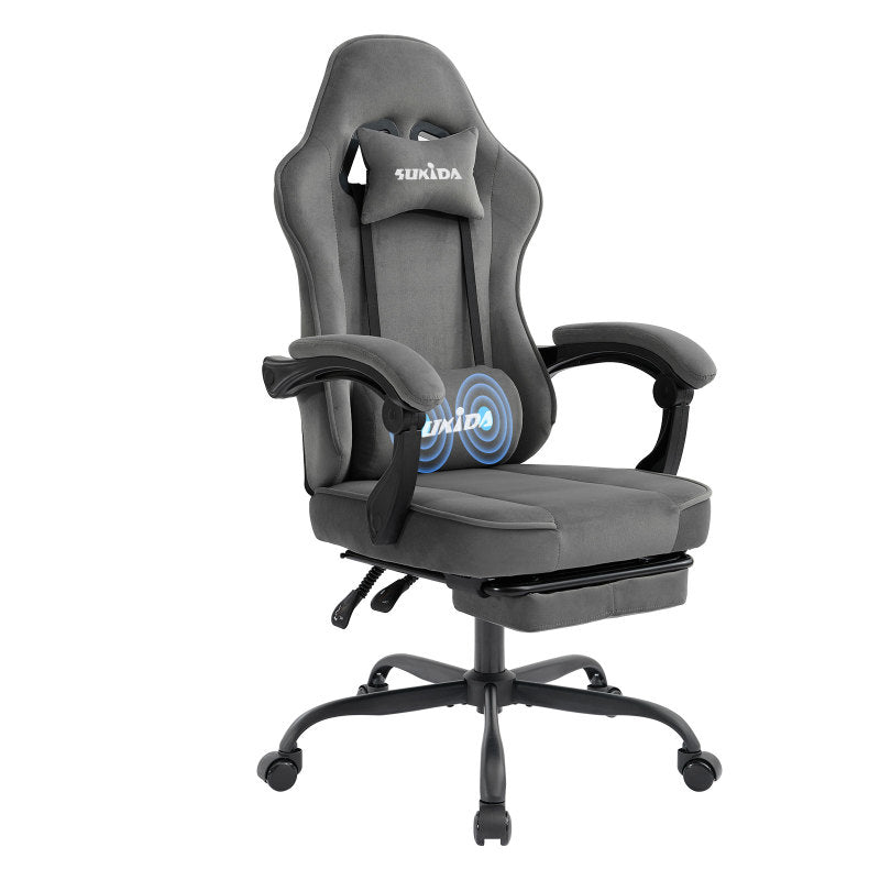 Gaming Stuhl Stoff, Ergonomischer Gaming Chair mit Fußstütze, Verstellbarer Racing Computerstuhl mit Lordosenstütze, Grau Ergonomisch PC-Stuhl