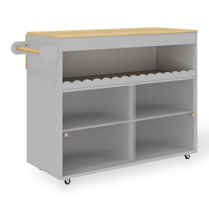 122 x 46(69) x 91cm, klappbarer Kücheninselwagen, Arbeitsplatte aus Eichenholzfurnier, Schiebetüren aus gehärtetem Glas, verstellbare Einlegeböden, Handtuchhalter, großer Kücheninselwagen