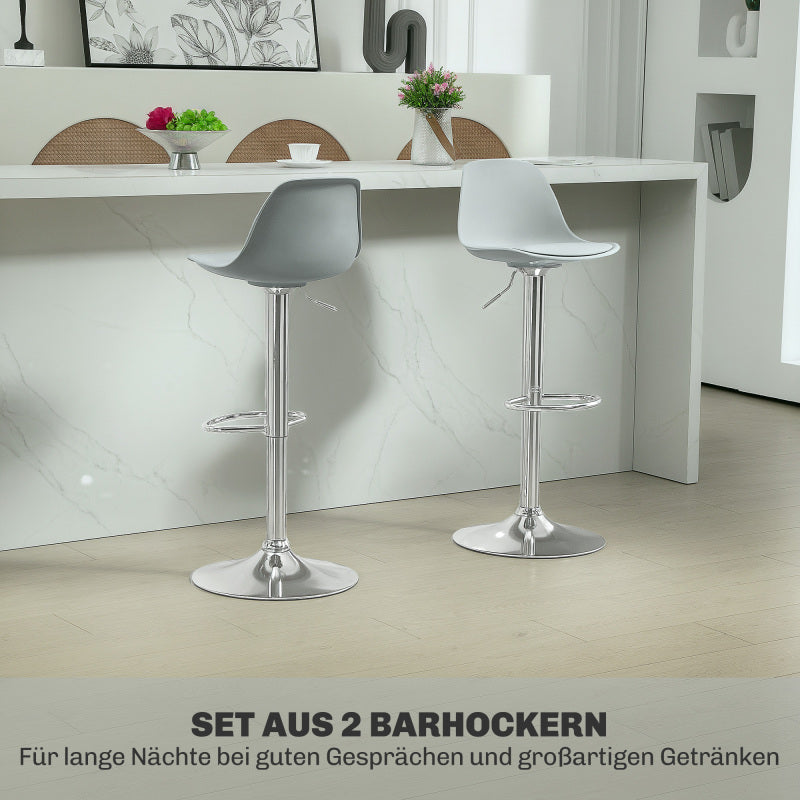 Barhocker 2er Set, Gepolstert Barstuhl mit Stahlgestell, Lehne, Höhenverstellbar Küchenstühle mit Fußstütze 360° Drehbar, Grau