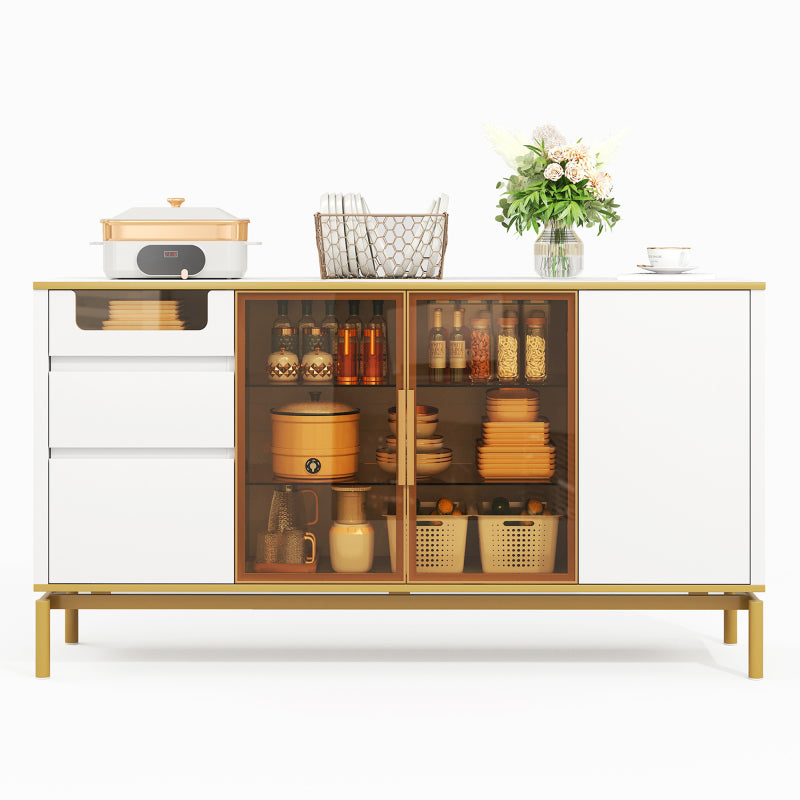 Elegantes Sideboard 150Lx40Bx80H cm, weiß, Arbeitsplatte aus Marmor, goldene Zierleiste - Moderner Stauraumschrank mit Glas- und Holzfächern