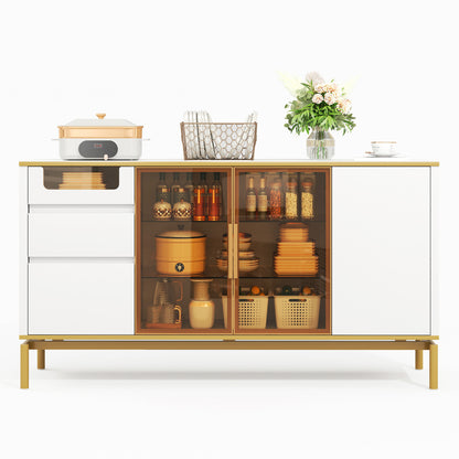 Elegantes Sideboard 150Lx40Bx80H cm, weiß, Arbeitsplatte aus Marmor, goldene Zierleiste - Moderner Stauraumschrank mit Glas- und Holzfächern
