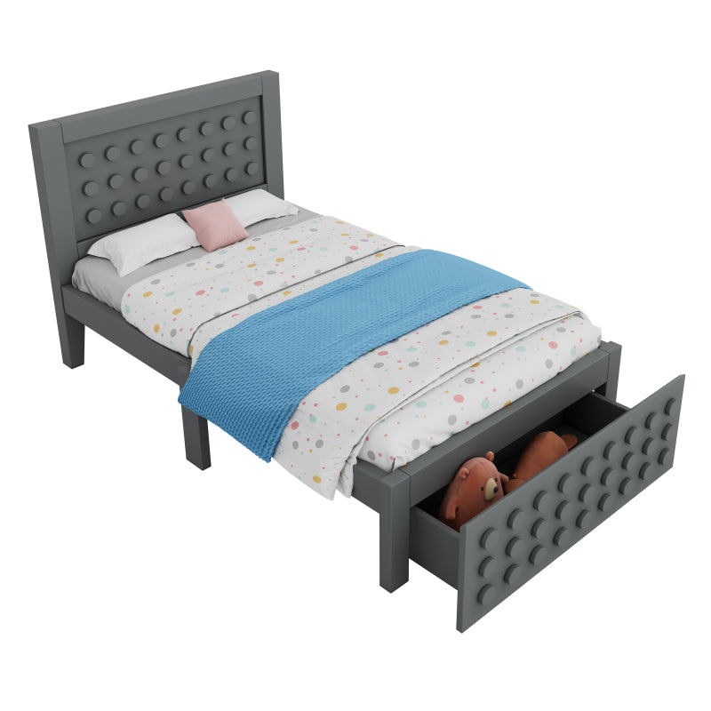 Holzbett Einzelbett 90x200 cm, Kinderbett Jugendbett mit Kreativem Block Design, Massivholz Bettgestell mit Lattenrost, mit Schubladen & Unterm Bett Stauraum, Grau, Ohne Matratze
