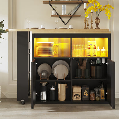 Ausziehbarer Bartisch 135-205cm mit LED & USB, Mobiler Hochtisch Schwarz, Teleskop-Kücheninsel mit Glas-Schiebetür & Soft-Close, Gestreift