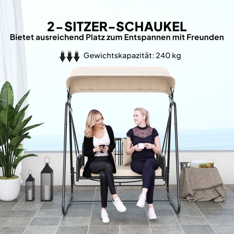 Hollywoodschaukel Rattan 2-Sitzer Gartenschaukel mit verstellbar, Sonnendach Kissen Hängebank, für Garten Balkon, Khaki