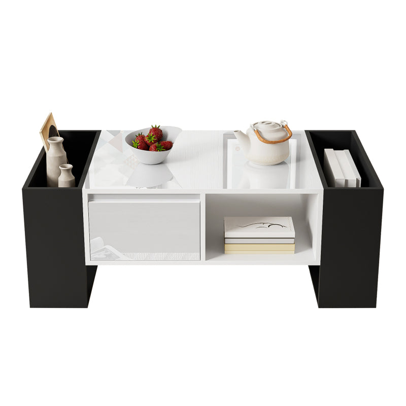 Moderner Couchtisch mit 2 Schubladen – Schwarz-Weiß-Design, Stauraum, Hochglanz-Tischplatte, 100 cm lang