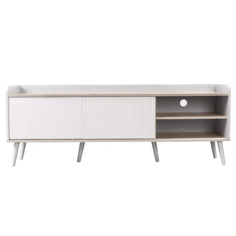 TV-Schrank mit zwei Schubladen, Fernsehtisch TV Board, TV- Lowboard niedrige Platte mit zwei Schiebetüren. Exquisite Textur. Weiß und natürliches Holzfarbe. H58/L160/T40 cm.