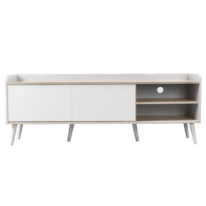 TV-Schrank mit zwei Schubladen, Fernsehtisch TV Board, TV- Lowboard niedrige Platte mit zwei Schiebetüren. Exquisite Textur. Weiß und natürliches Holzfarbe. H58/L160/T40 cm.