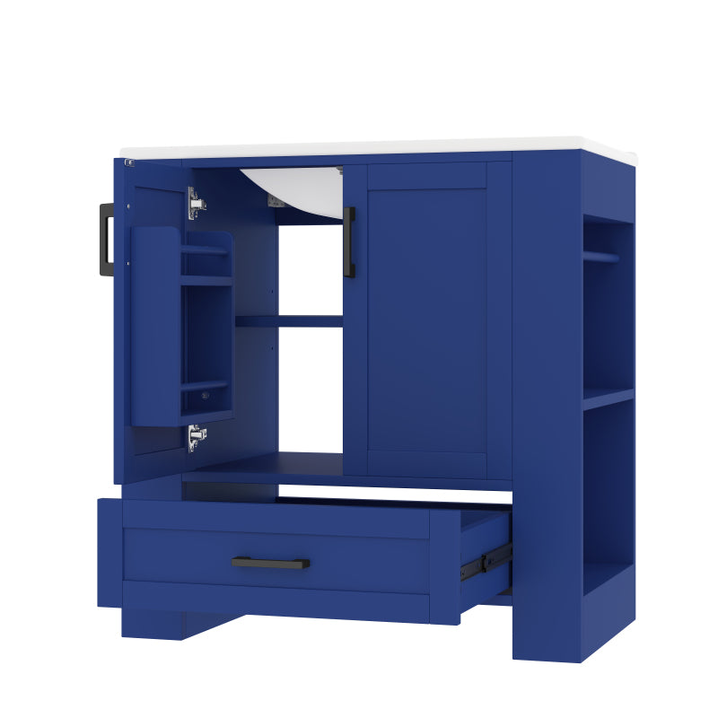 76 x 46 x 78.5cm Bodenstehender Badezimmerschrank, Waschtisch,komplett lackiert, Doppeltürregale, geräuschlose Schubladen, Regale auf beiden Seiten, integriertes Keramikwaschbecken, blau