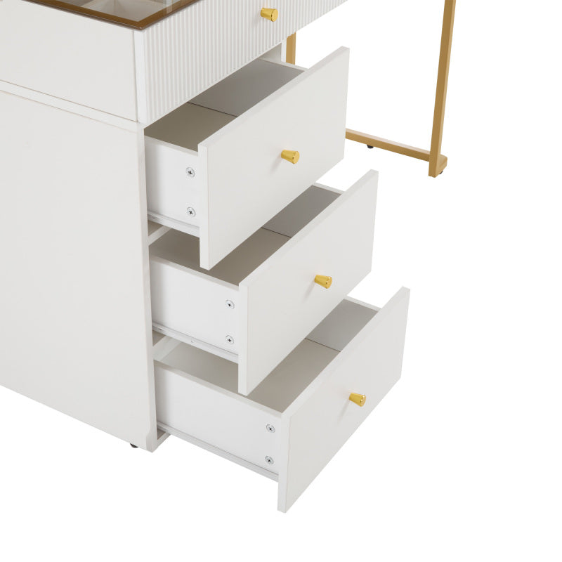 Schminktisch-Set mit LED-beleuchtetem Spiegel, transparenter Tischplatte aus gehärtetem Glas, Schminktisch-Seite und Schrank, elegante Möbel, weiß, Maße: 120 x 45 x 115 cm(ohne Hocker)