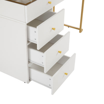 Schminktisch-Set mit LED-beleuchtetem Spiegel, transparenter Tischplatte aus gehärtetem Glas, Schminktisch-Seite und Schrank, elegante Möbel, weiß, Maße: 120 x 45 x 115 cm(ohne Hocker)