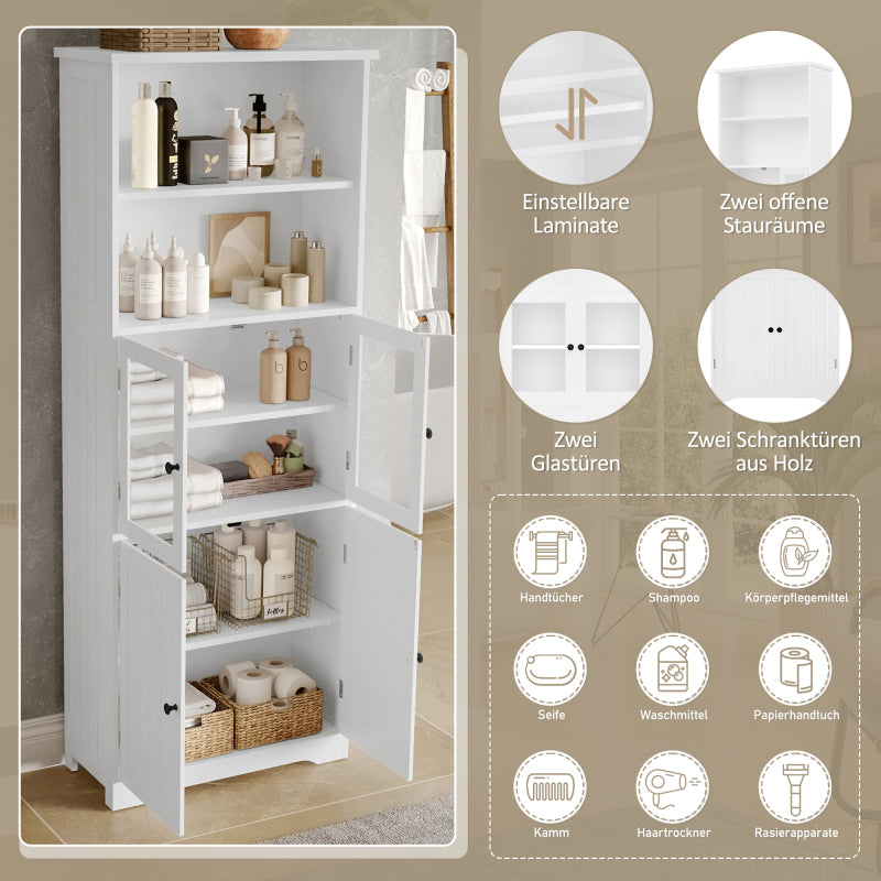 57.5 x 28.5 x 160cm Badezimmer-Hochschrank mit Stauraum, feuchtigkeitsbeständige Farbe, Glasschranktür, Holzschranktür, zwei offene Ablagefächer, verstellbare Trennwände, einfache Textur, weiß