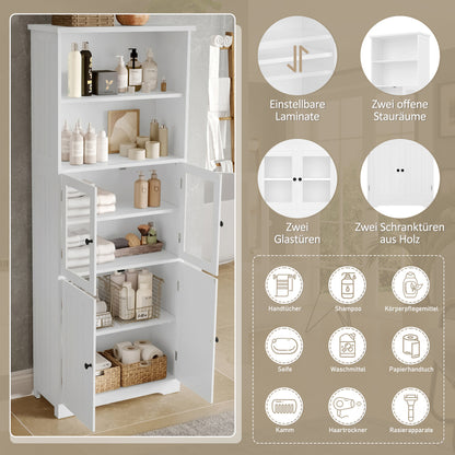 57.5 x 28.5 x 160cm Badezimmer-Hochschrank mit Stauraum, feuchtigkeitsbeständige Farbe, Glasschranktür, Holzschranktür, zwei offene Ablagefächer, verstellbare Trennwände, einfache Textur, weiß