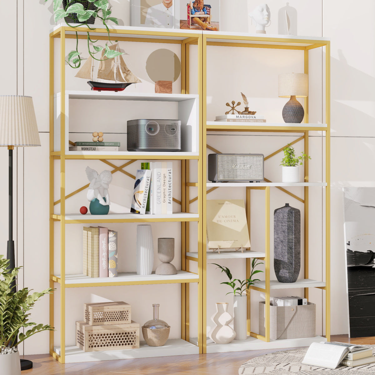 Regal 160x29,5x180 cm aus Stahl & MDF, modernes Bücherregal mit Gold-Weiß-Design, stabile Struktur & offene Fächer, leicht zu montieren