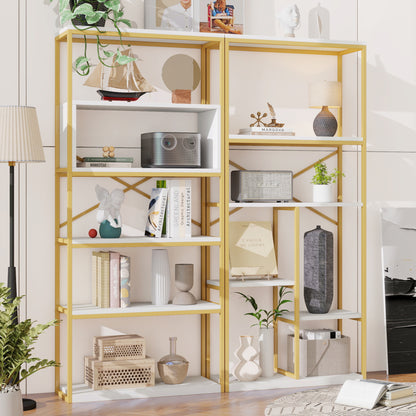 Regal 160x29,5x180 cm aus Stahl & MDF, modernes Bücherregal mit Gold-Weiß-Design, stabile Struktur & offene Fächer, leicht zu montieren