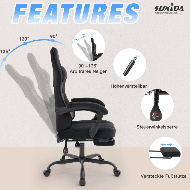 Gaming Stuhl Stoff, Ergonomischer Gaming Chair mit Fußstütze, Verstellbarer Racing Computerstuhl mit Lordosenstütze, Schwarz Ergonomisch PC-Stuhl