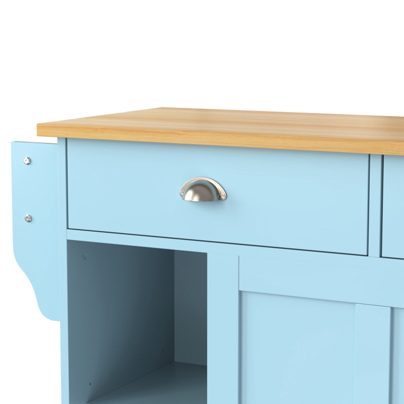 Esswagen/Anrichte, 112x40(70)x94 cm, Blau, Klappbare Massivholzoptik-Arbeitsplatte, mit Ablagetür, Rollen & Auswechselbaren Massivholzfüßen, für Küche & Esszimmer
