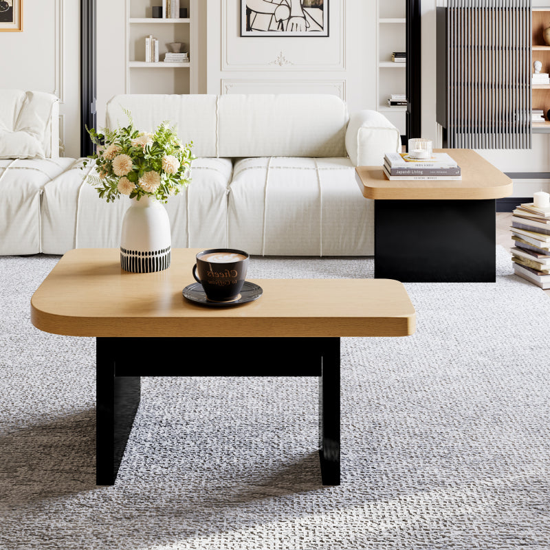 Moderner Couchtisch mit LED-Design aus umweltfreundlichem Holz, 2-in-1-Design, weiche Rundungen, höhenverstellbare Füße