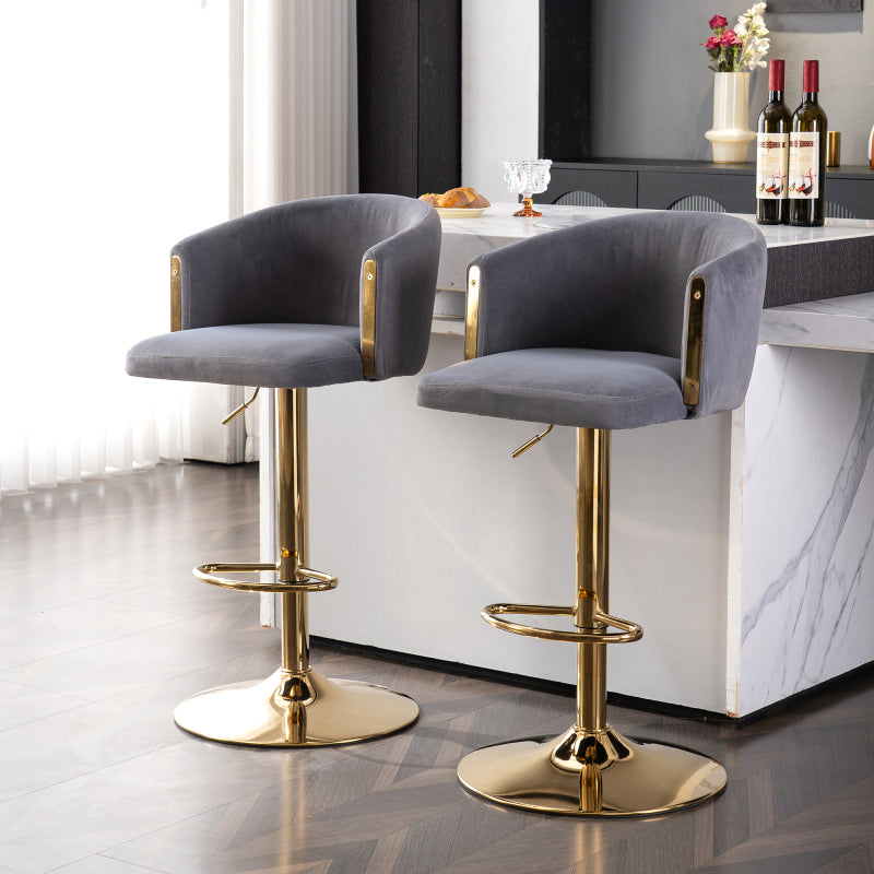 Modern rotatable height adjustable bar stools, modern bar stools for kitchen, bar, and restaurant counters, lift stools with middle backrest and gold footrest (Grau Set of 2)