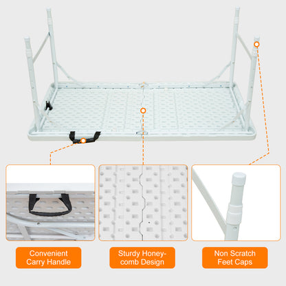 125cm Portable Heavy Duty Folding Table with Handle, Adjustable Height Foldable Table, Multi-Functional Fold up Table for Camping Picnic Parties Indoor/Outdoor, Capacity Weight 135KG (White)