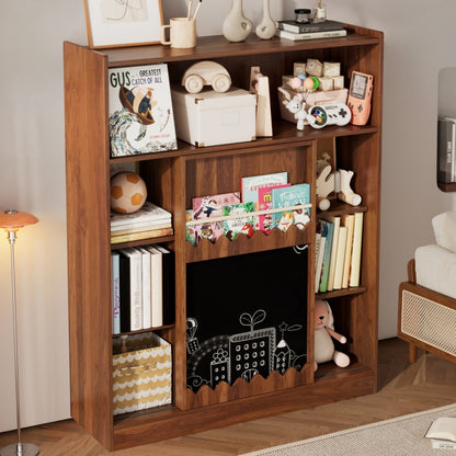 Bücherregal mit Tafel, Schiebetüren & Bilderbuch Ablage, Offenes 9-Fach Regal mit großem Stauraum, 120x38.5x151.5 cm, Nussbaumfarben