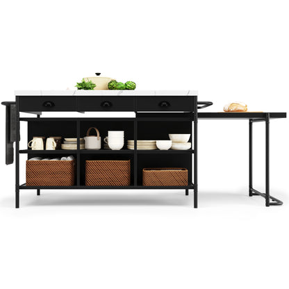 Kücheninseln, Ausziehbare Kunstmarmorplatte Industrial mit 3-Schubladen, Multifunktionales Küchen- und Esszimmer-Möbel, Kücheninsel Küchenregal Küchewagen Sideboard, MDF Arbeitsplatte Küche Regal