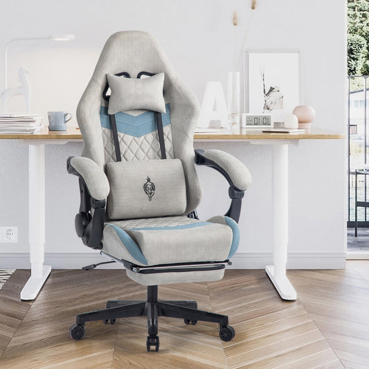 Gaming Stuhl mit Fußstütze Gaming Stuhl Stoff Bürostuhl mit Lendenwirbelstütze Ergonomischer Gaming Sessel Gaming Stuhl 150 kg Belastbarkeit Gamer Stuhl Verstellbare Armlehne, Grau