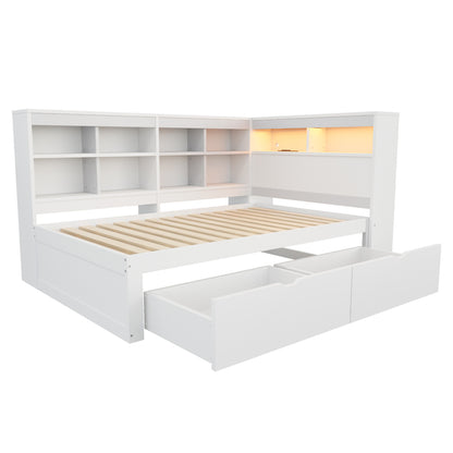 Massivholz-Einzelbett 90x200 Weiß mit LED & USB-Steckdose - Multifunktionales Schlafsofa mit Regalen, Ablagefächern & viel Stauraum, Weiß