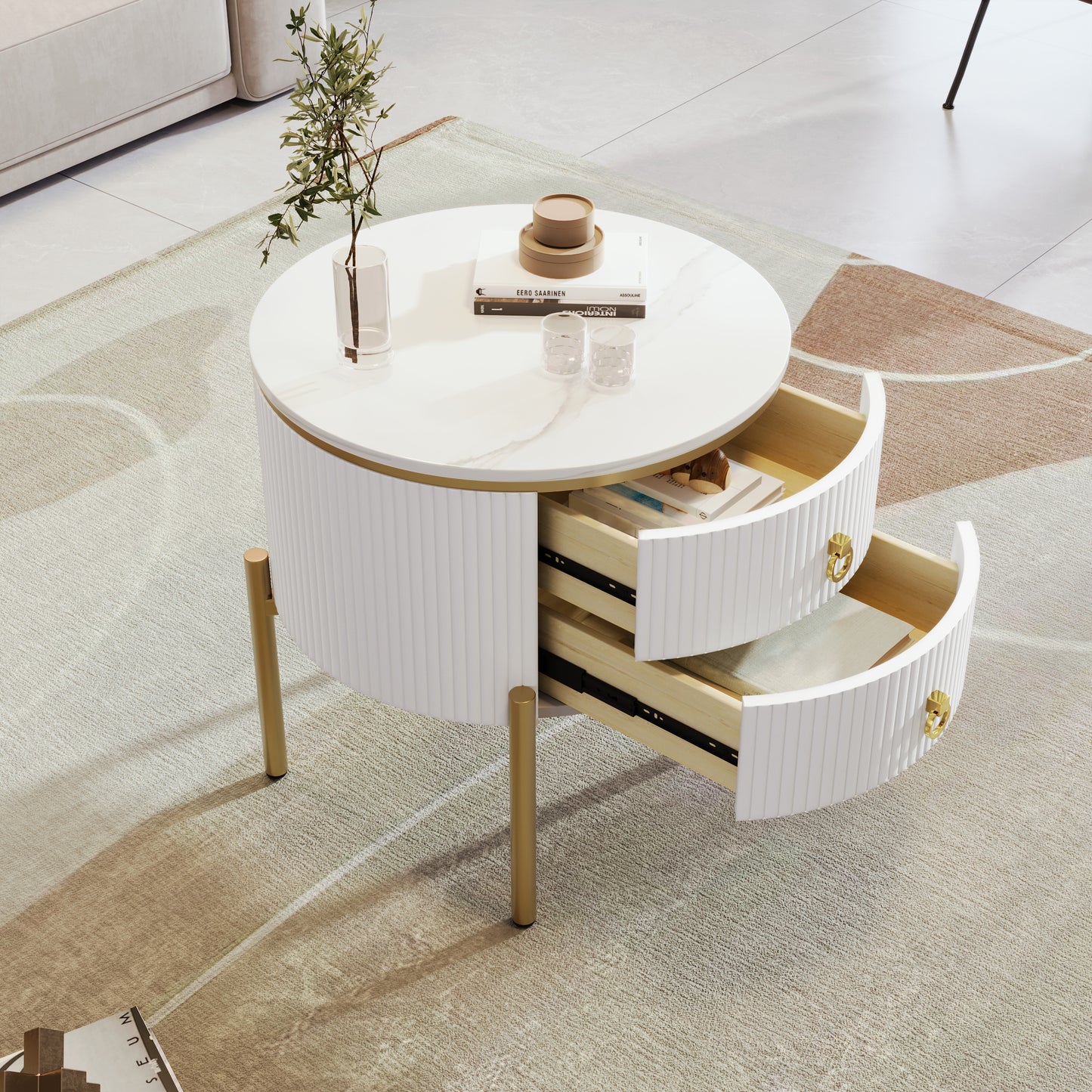 Beistelltisch, Couchtisch mit Schubladen, Marmorstruktur, goldenen Beinen und Griffen