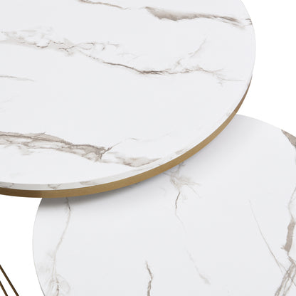 Eleganter zusammensetzbarer Couchtisch: Marmoroptik, Golddekor, Beistelltisch mit Schubladen – 2er-Set