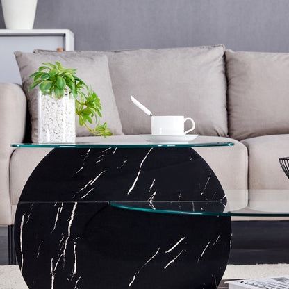 Moderner minimalistischer gehärteter Glas-Couchtisch, mehrschichtiges Design, mit schwarzen Textur-Aufklebern