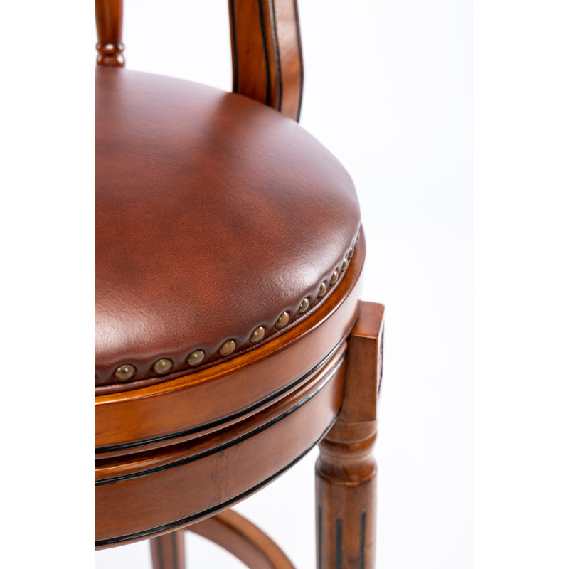 Barhocker aus Holz mit Kuhfell-Obermaterial, 360-Grad-Drehstuhl mit Rückenlehne, Brau + Sitzhöhe 65cm