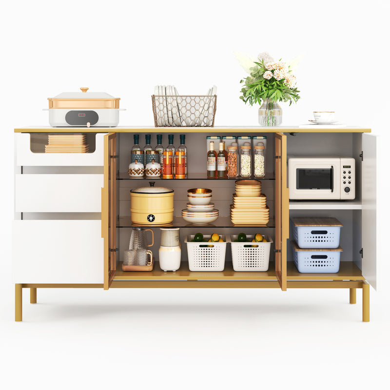 Elegantes Sideboard 150Lx40Bx80H cm, weiß, Arbeitsplatte aus Marmor, goldene Zierleiste - Moderner Stauraumschrank mit Glas- und Holzfächern