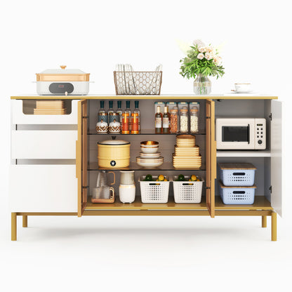 Elegantes Sideboard 150Lx40Bx80H cm, weiß, Arbeitsplatte aus Marmor, goldene Zierleiste - Moderner Stauraumschrank mit Glas- und Holzfächern