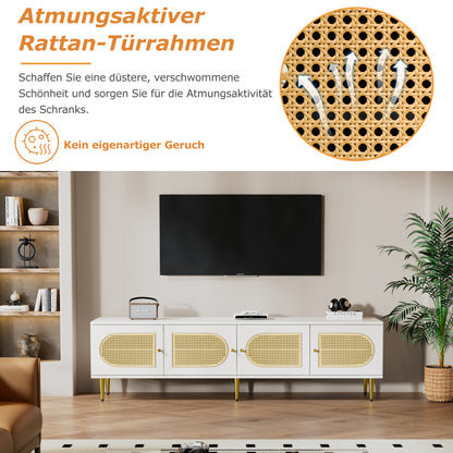 Weißer Rattan-TV-Schrank 180x40x50 cm - 4 Rattan-Türen, verstellbare Einlegeböden und Kabelmanagement für Fernseher bis 80 Zoll, TV-Schrank,Lowboards