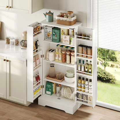 Buffetschrank Weiß 128,5 cm, Hochschrank Landhausstil mit automatischer LED-Beleuchtung, Türregale & Kippschutz