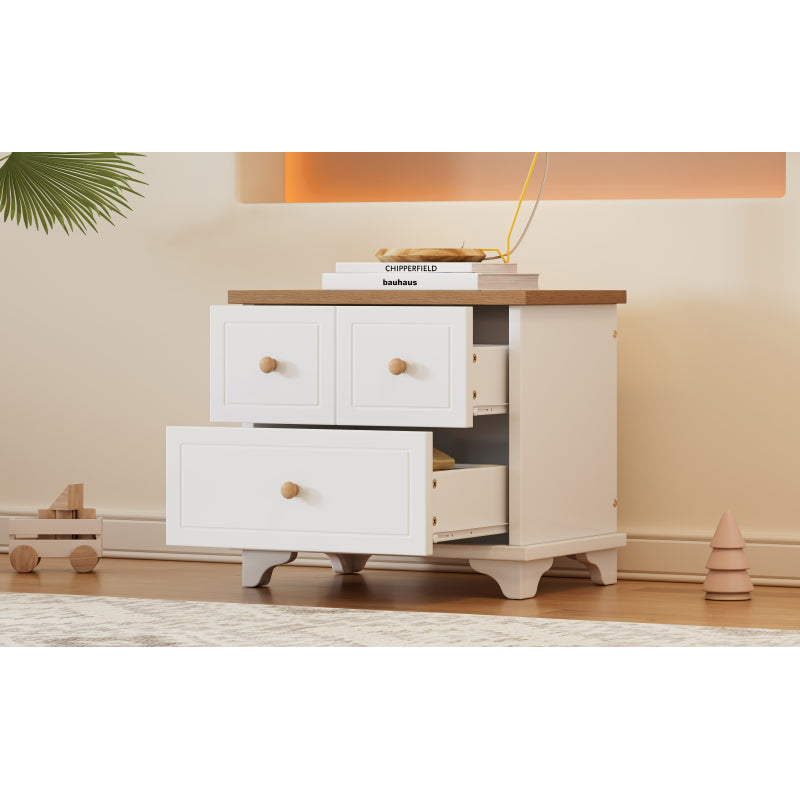 Nachttisch mit 2 Schubladen, geräuschlosen Gleitern, Schön gearbeitete Füße, Stauraum im Wohnzimmer und Schlafzimmer, MDF+Spanplatte, Weiß+Natur