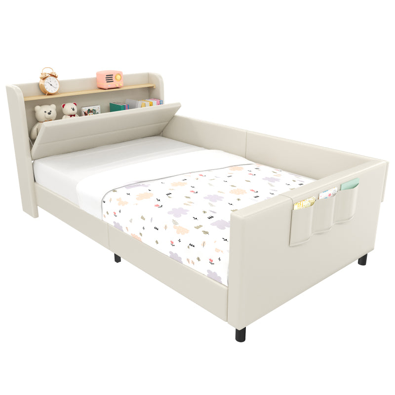 Kinder-Spleißbett, Polsterbett, Tagesbett, Schlafsofa mit Metallbettgestell, Kindernachttisch mit unterer Klapptür, 3 kleine Aufbewahrungstaschen, PU+MDF+Sperrholz, Weiß, 90x200cm