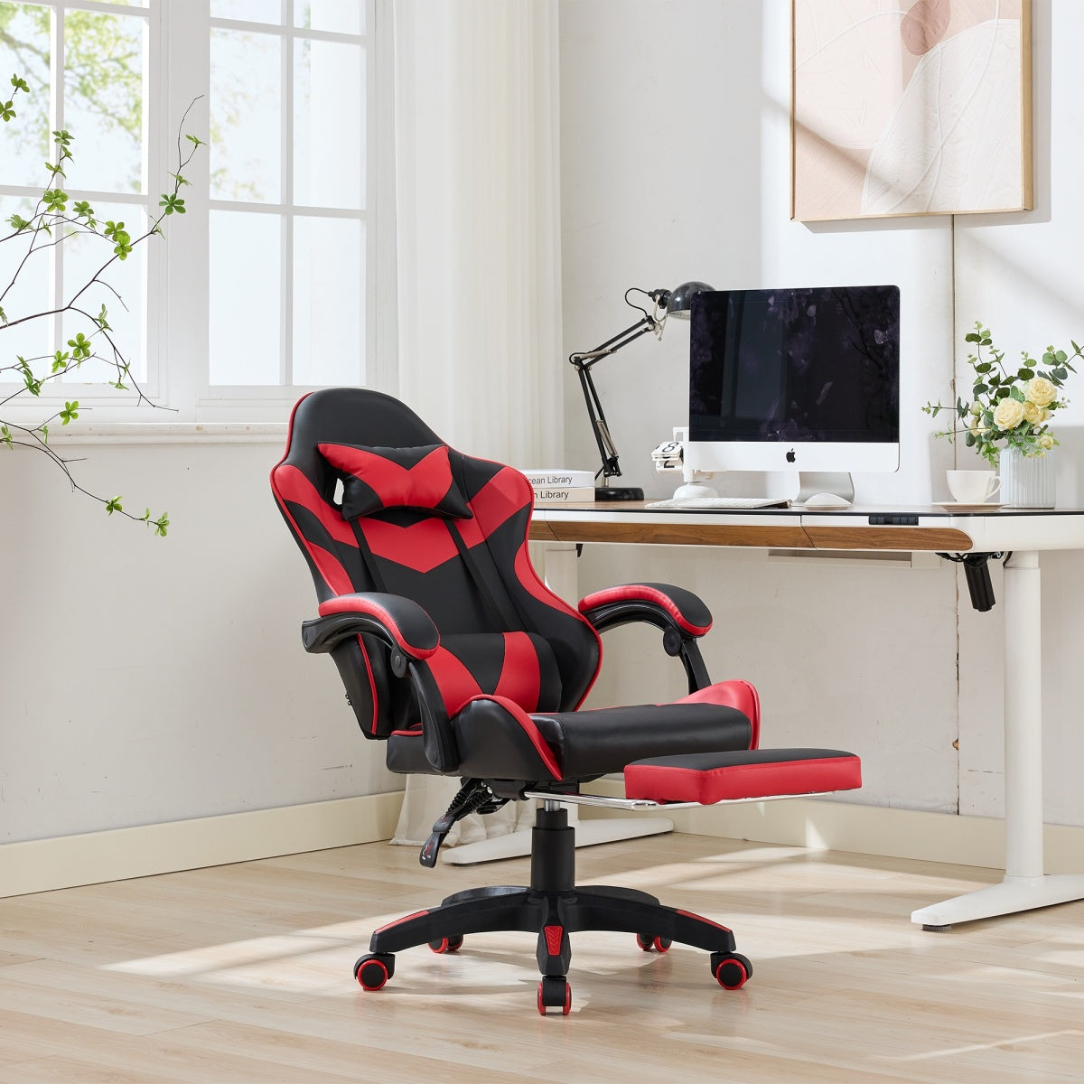 Gaming Stuhl Racing Design, 155° Liegefunktion, Fußstütze, Lendenmassage, Schwarz-Rot