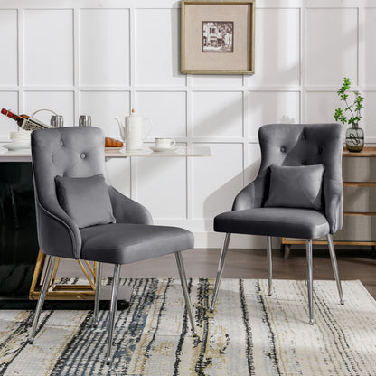 2er Set Esszimmerstuhl mit Knopfmuster, Moderner Loungesessel, Schlafzimmer-Wohnzimmerstuhl mit Lendenkissen, grau