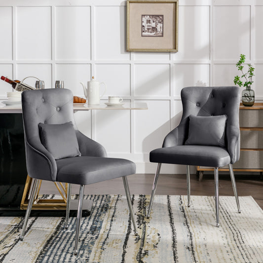 2er Set Esszimmerstuhl mit Knopfmuster, Moderner Loungesessel, Schlafzimmer-Wohnzimmerstuhl mit Lendenkissen, grau